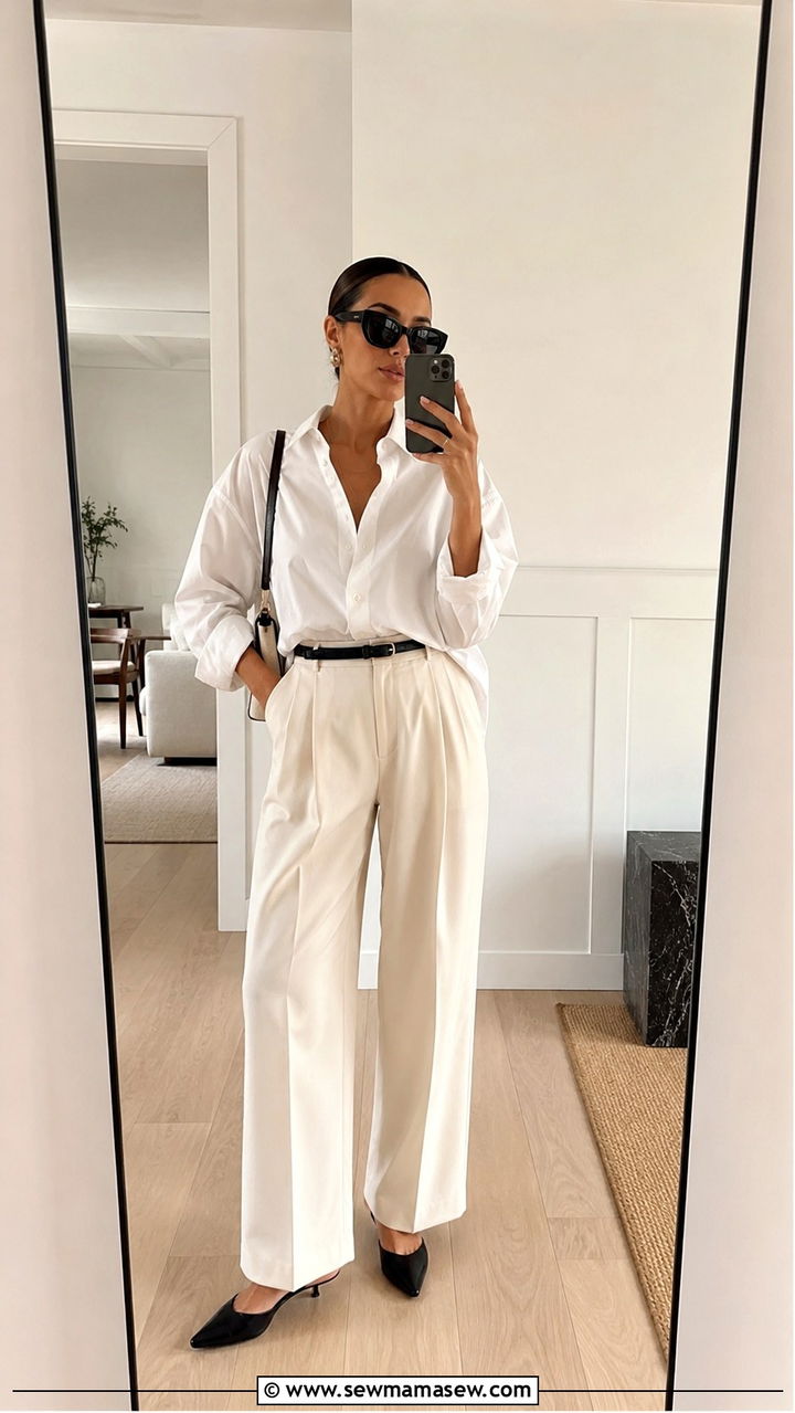 White Shirt Wide Leg Pants Bug Eye Sunglasses - 20 spring outfits with bug eye sunglasses