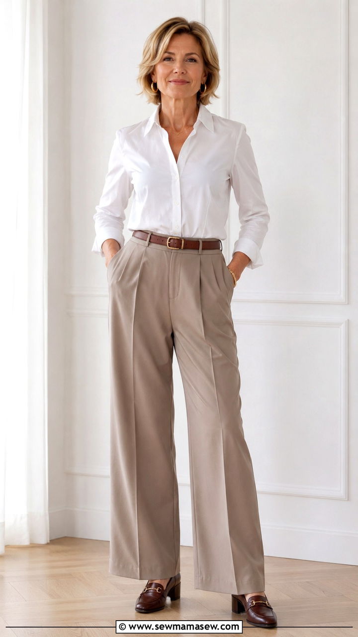 White Shirt With High Waisted Trousers - 25 Outfit ideas for women over 50 weekend
