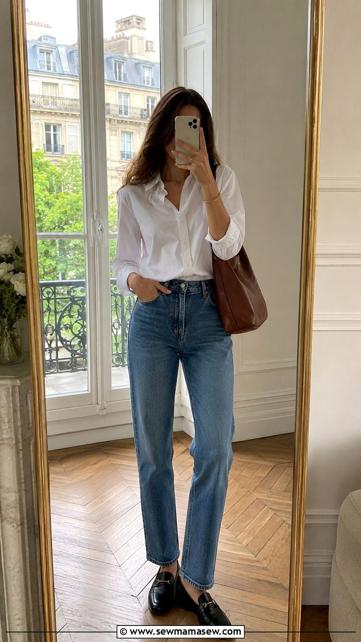 White Shirt With Straight Leg Jeans and Loafers - 30 Parisian spring outfits