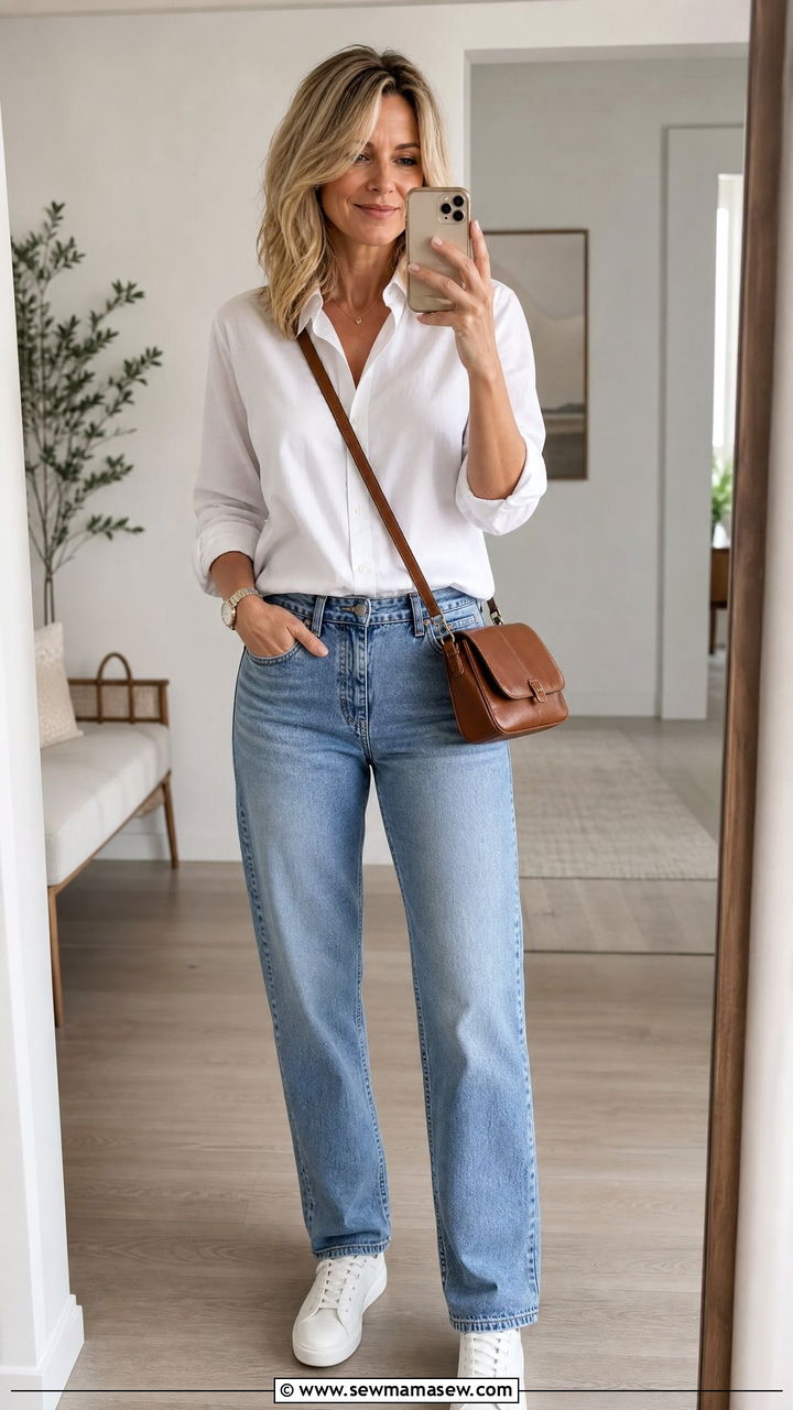 White Shirt and Relaxed Straight Jeans Outfit - 30 Cute outfits for women over 40