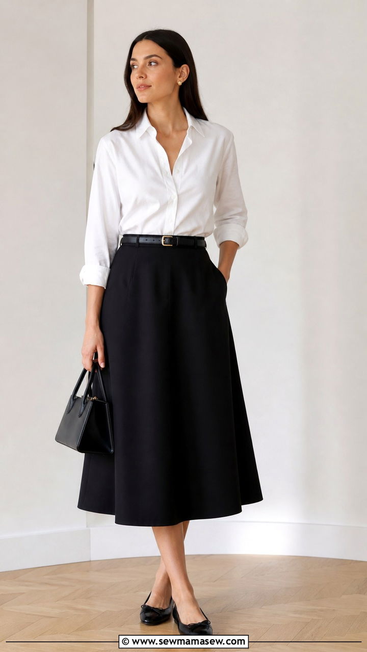 White Shirt with A Line Midi Skirt - 40 parisian outfits for women