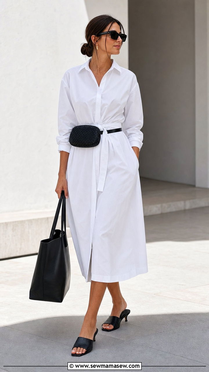 White Shirtdress With Kitten Heel Mules Outfit - 25 summer outfits with kitten heels