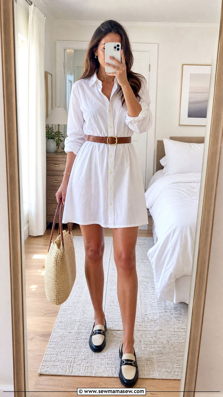 White Shirtdress With a Leather Belt and Two Tone Loafers - 30 Summer outfits with loafers