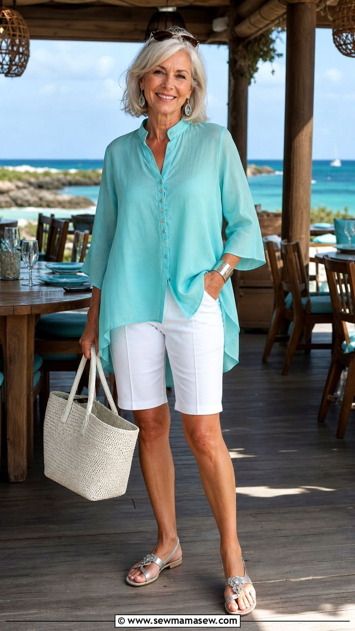 White Shorts with Elegant Tunic Top Summer Outfit - 40 Summer outfit ideas for women over 60 2026