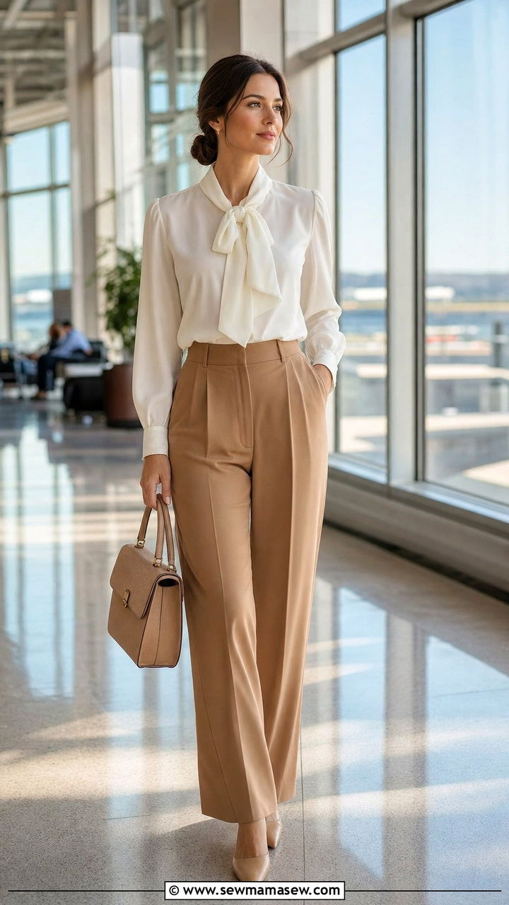 White Silk Blouse And Camel Trousers - 35 Airport outfit ideas old money