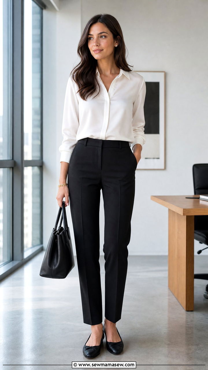 White Silk Blouse and Black Tailored Trousers Work Outfit - 35 Minimalist work outfit ideas