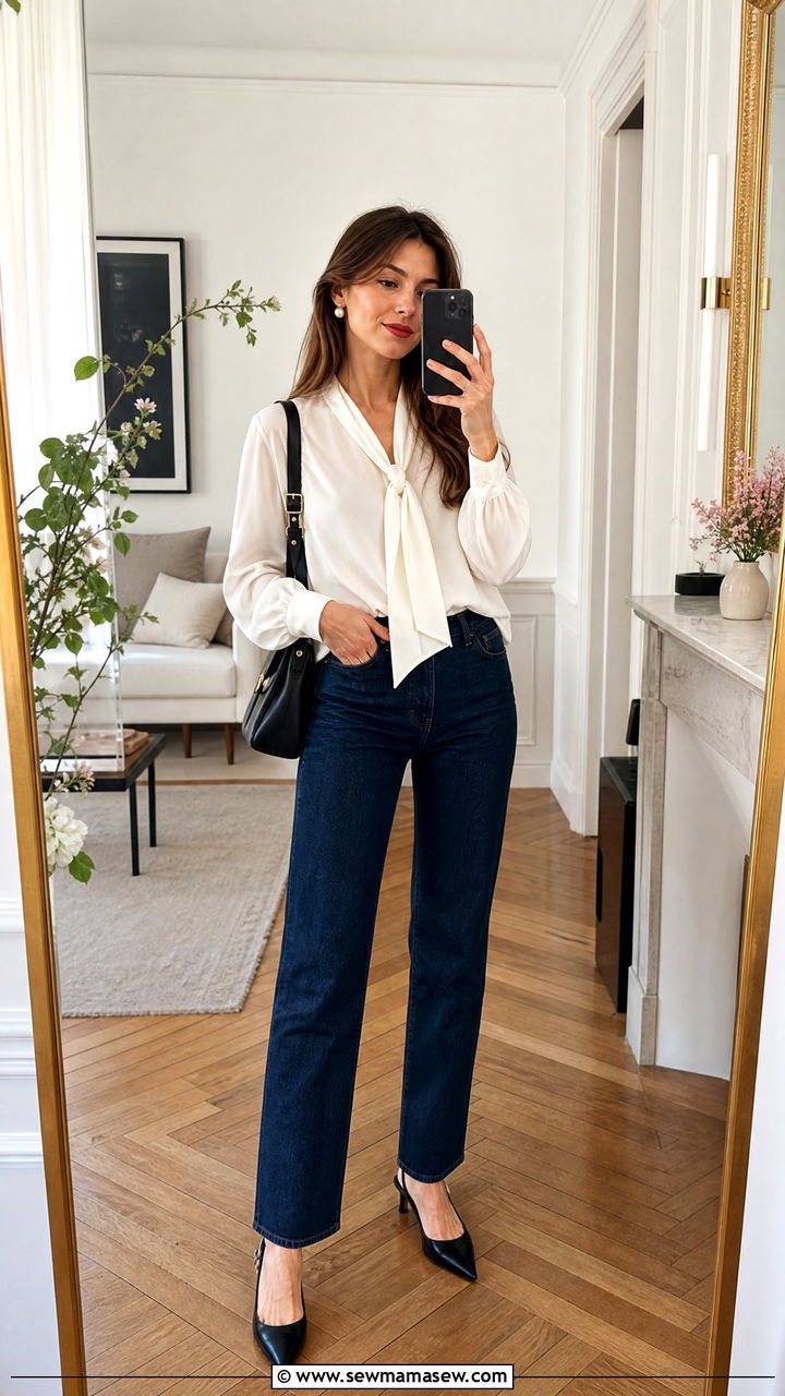White Silk Blouse and Dark Wash Denim - 30 french girl capsule wardrobe outfits