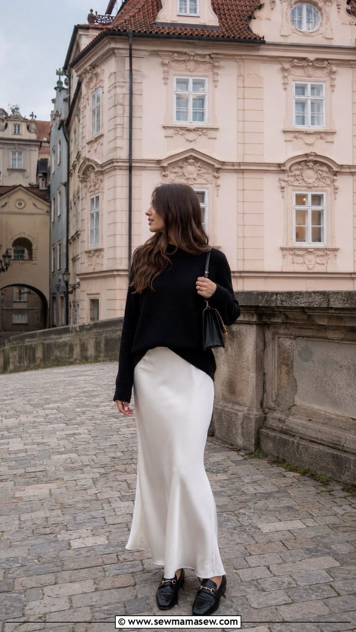 White Silk Skirt With Black Cashmere Sweater Outfit - 25 Prague outfit ideas