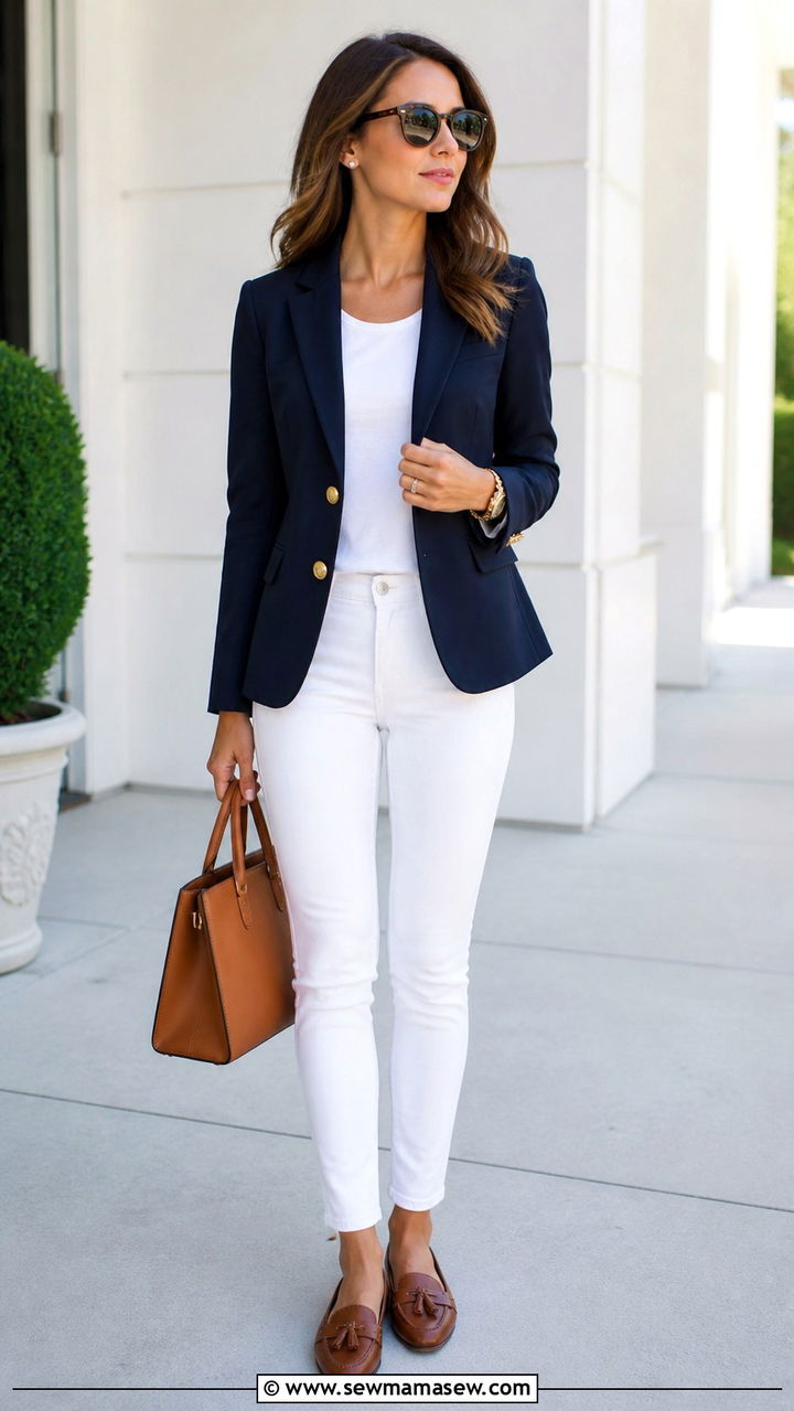 White Skinny Jeans With Navy Blazer And Loafers - 40 casual skinny jeans outfits