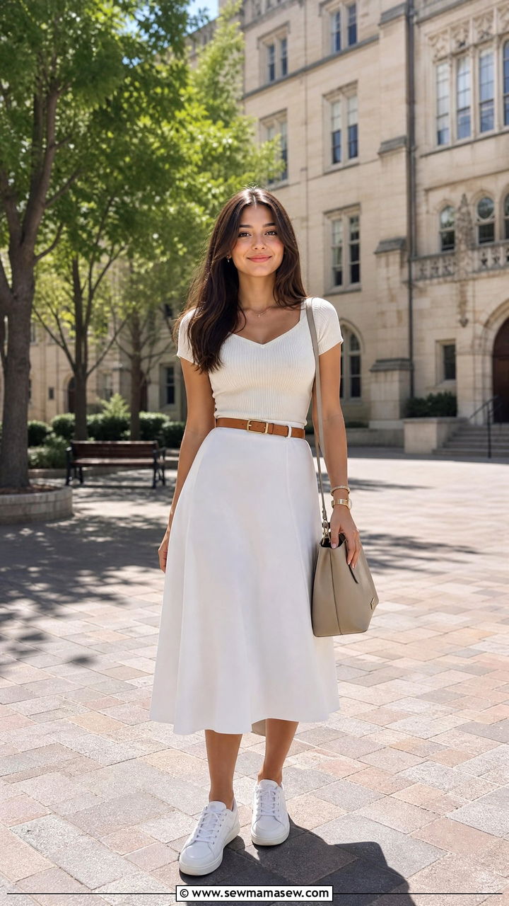 White Skirt and Fitted Top Combo for School - 30 Summer outfits for school