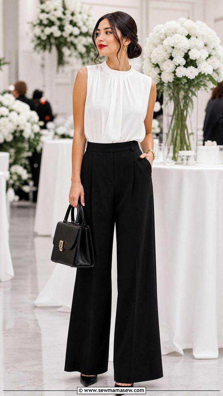White Sleeveless Blouse and Black Wide Leg Pants Outfit - 25 classy clean girl outfit ideas