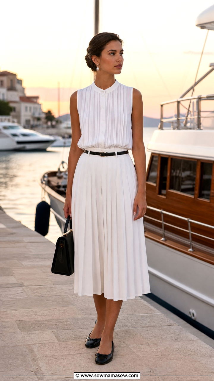 White Sleeveless Blouse and Pleated Midi Skirt - 30 Old money outfit ideas for yacht club