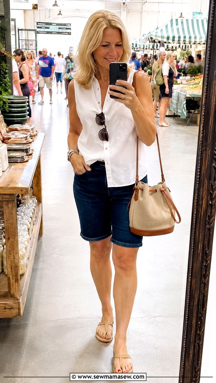 White Sleeveless Shirt with Dark Denim Trouser Shorts and Neutral Flats - 25 Weekend outfit ideas for women over 50
