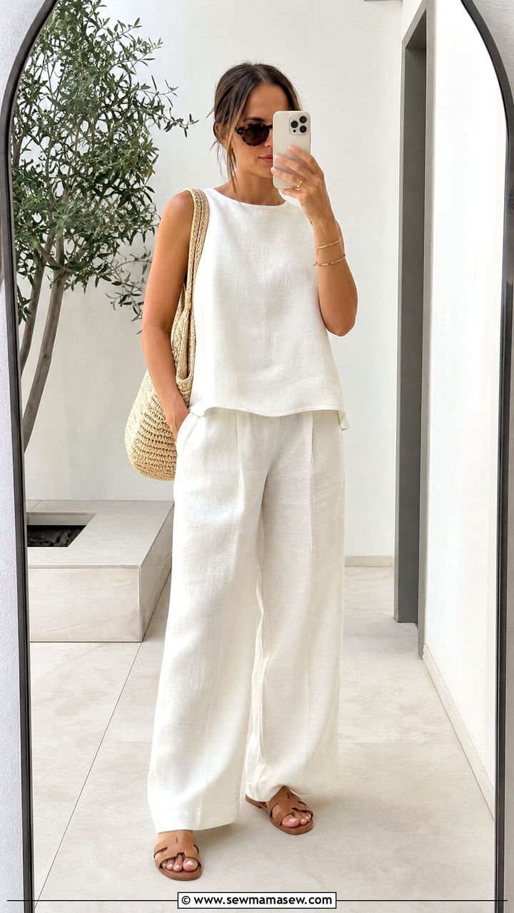 White Sleeveless Top With Relaxed Linen Trousers - 20 Summer outfits for 45 degree weather