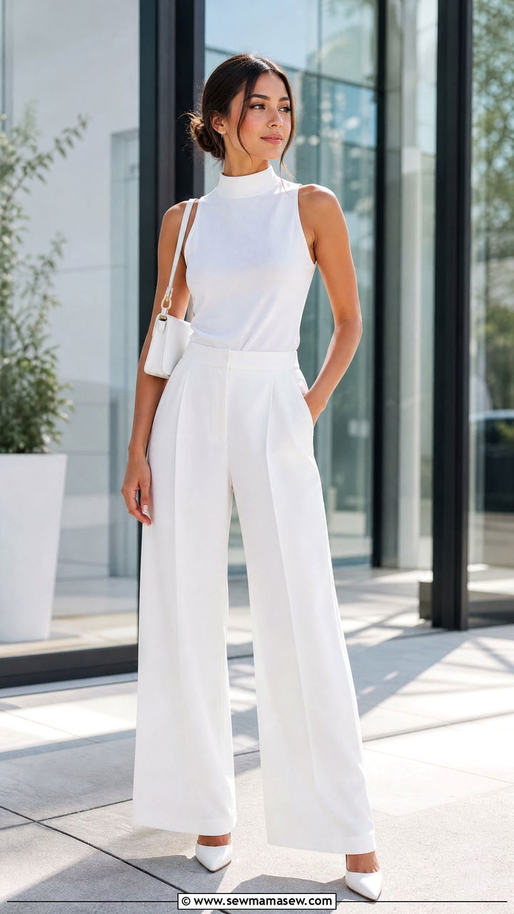 White Sleeveless Top and Wide Leg Trousers Outfit - 30 Summer white outfit ideas