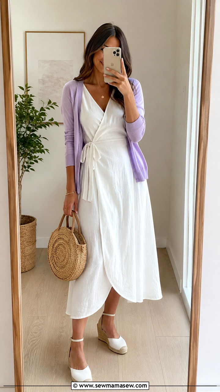 White Sleeveless Wrap Dress And Pastel Cardigan - 25 Wrap dress outfit ideas with a cardigan