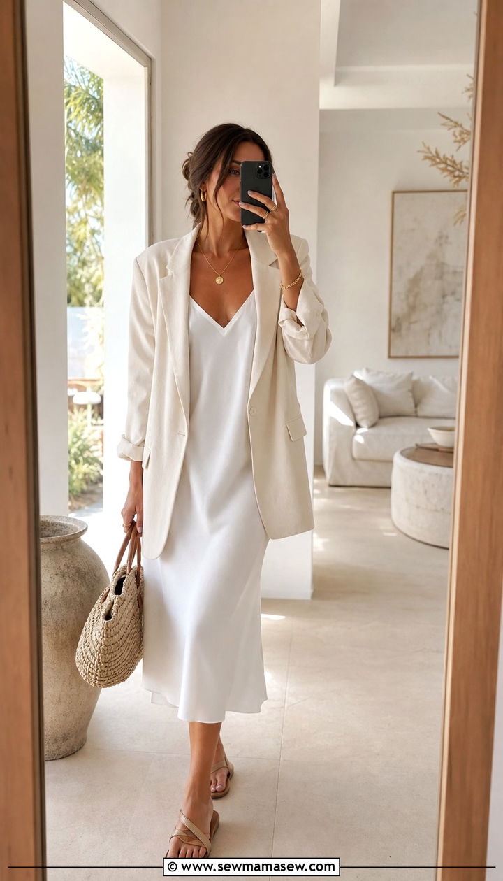 White Slip Dress With Cream Oversized Blazer - 25 Slip dress outfit ideas with a blazer