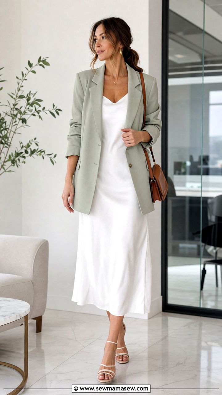 White Slip Dress With Oversized Blazer And Heels - 25 spring white dress outfit ideas