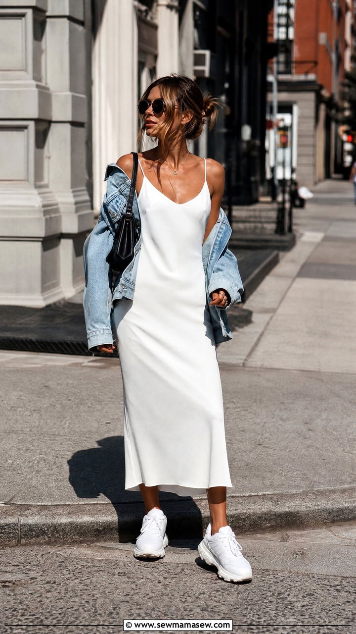 White Slip Dress with Chunky Sneakers and Denim Jacket - 30 summer white dress outfit ideas