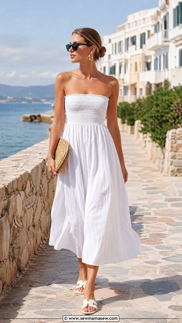 White Smocked Maxi Dress With Woven Clutch - 35 European summer outfits to copy