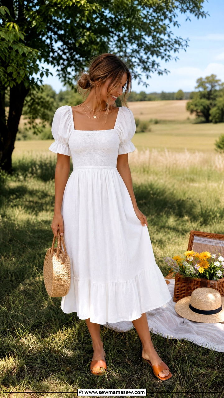 White Smocked Sundress With Basket Bag - 30 Summer outfits in white