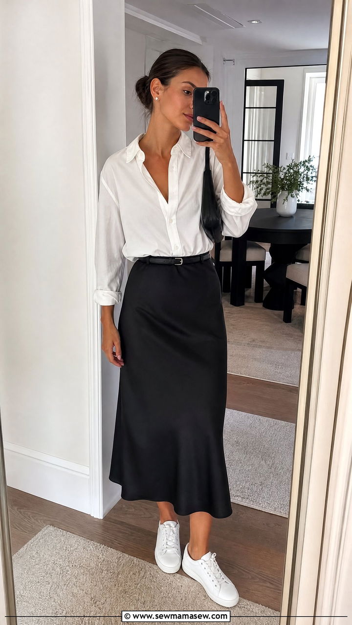 White Sneakers With Black Midi Skirt And Button Down - 35 How to style white sneakers