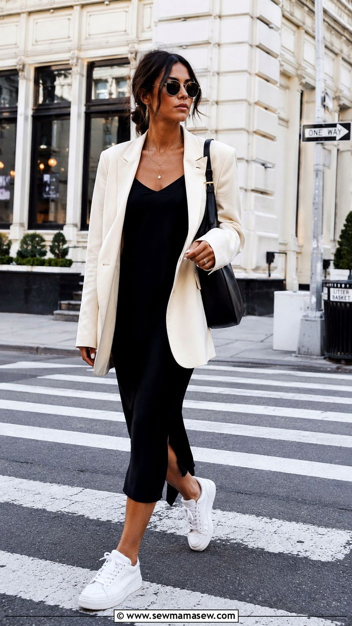 White Sneakers With Blazer And Dress - 25 White sneakers outfit ideas with a dress