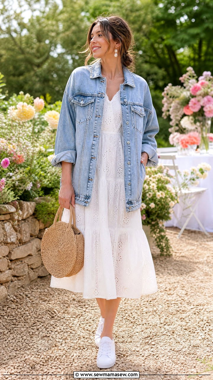 White Sneakers With Denim Jacket And White Midi Dress - 35 How to style white sneakers