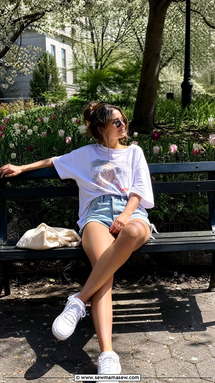 White Sneakers With Denim Shorts And Oversized Tee - 25 How to style white sneakers in spring