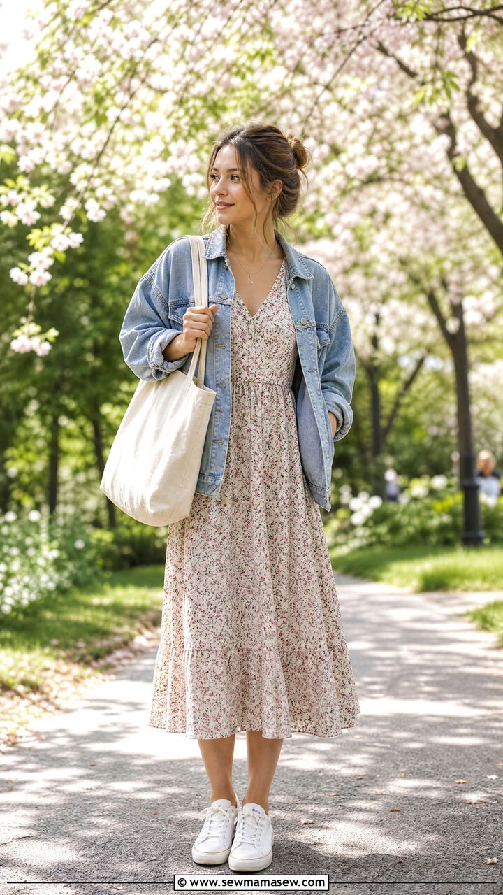 White Sneakers With Floral Midi Dress And Denim Jacket - 25 How to style white sneakers in spring