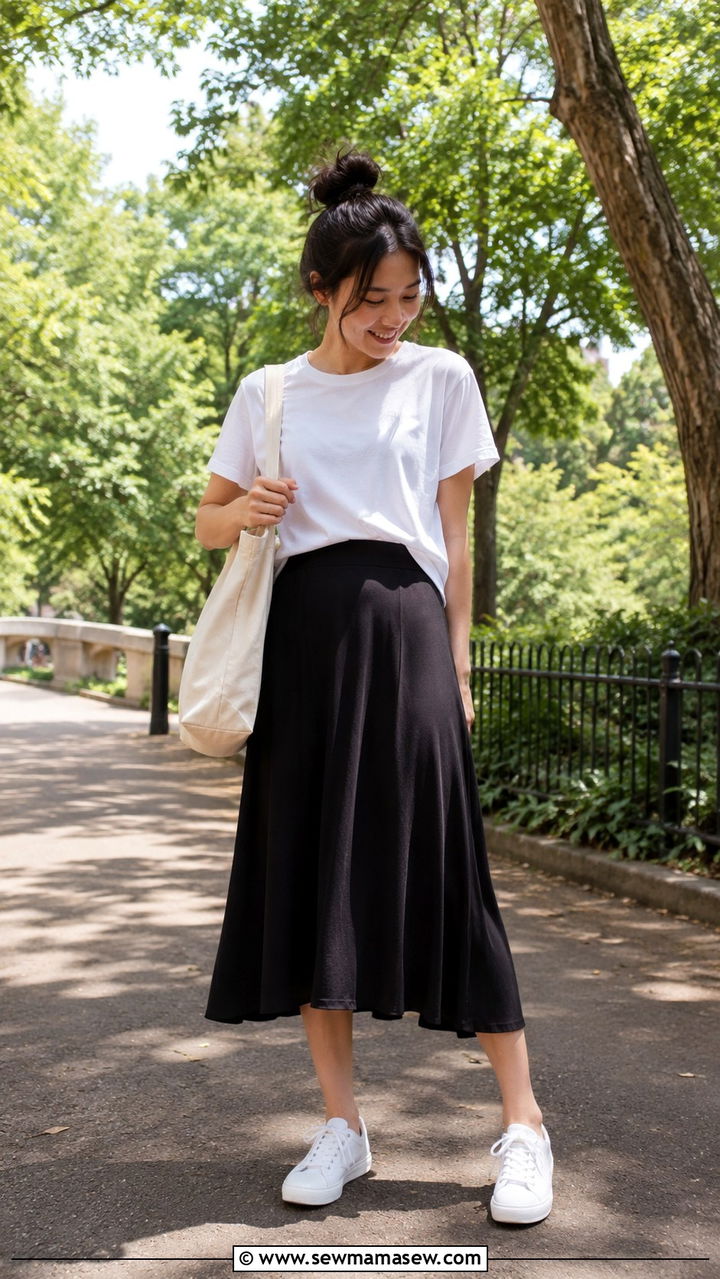 White Sneakers With Midi Skirt And Relaxed Tee - 25 Petite outfit ideas with midi skirt