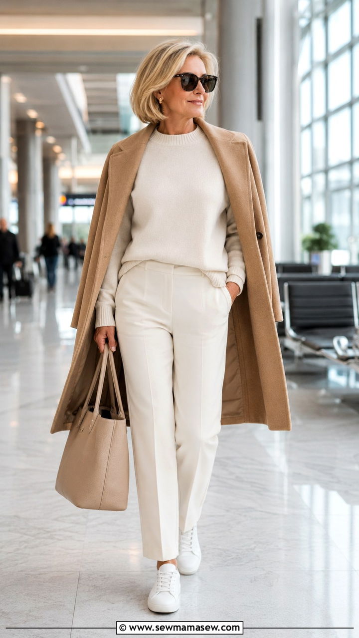 White Sneakers With Monochrome Plane Outfit Over 50 - 25 What to wear on a plane over 50