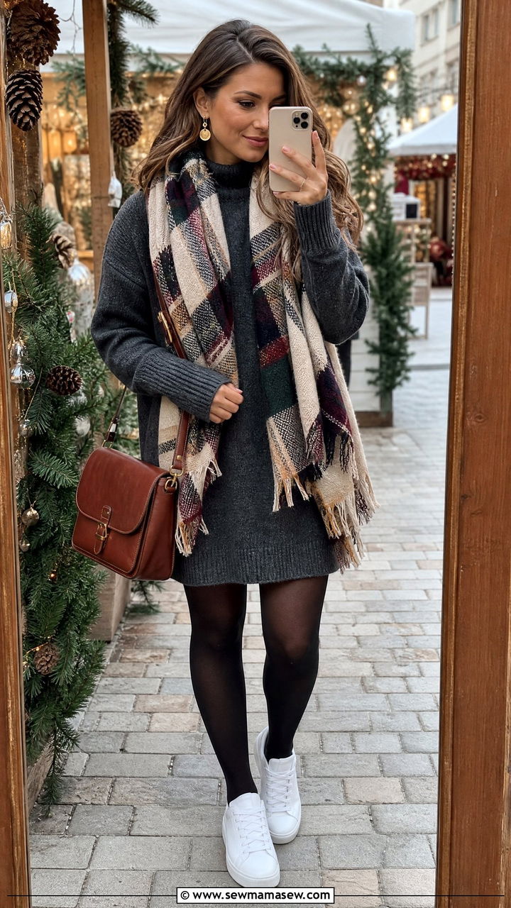 White Sneakers With Sweater Dress And Scarf - 35 How to style white sneakers