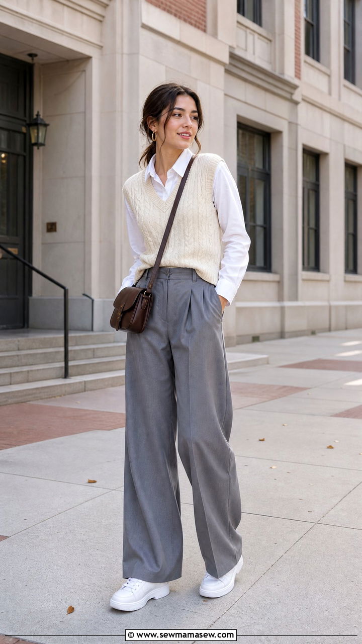 White Sneakers With Sweater Vest And Wide Leg Trousers - 35 How to style white sneakers