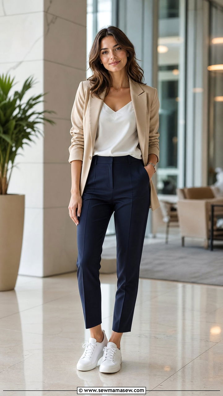White Sneakers With Tailored Trousers And Blazer - 25 How to style white sneakers in summer