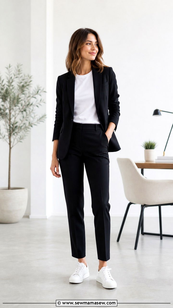 White Sneakers With Tailored Trousers and a Blazer - 40 Casual office outfit ideas