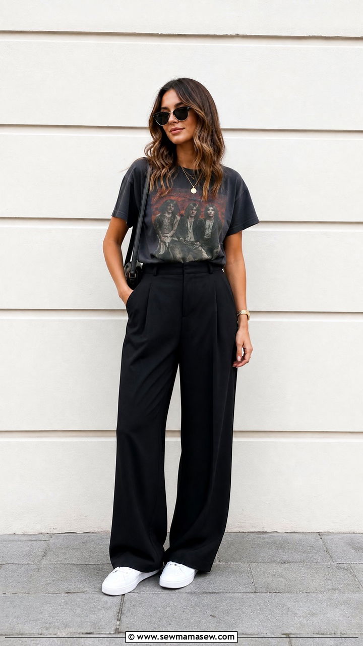 White Sneakers With Wide Leg Trousers And Graphic Tee - 25 How to style white sneakers in spring