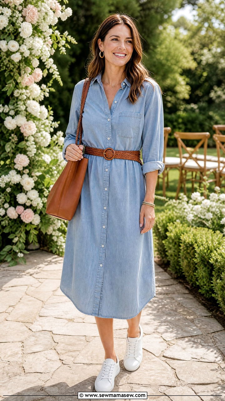 White Sneakers With a Chambray Shirt Dress and Woven Belt - 25 How to style white sneakers for a wedding