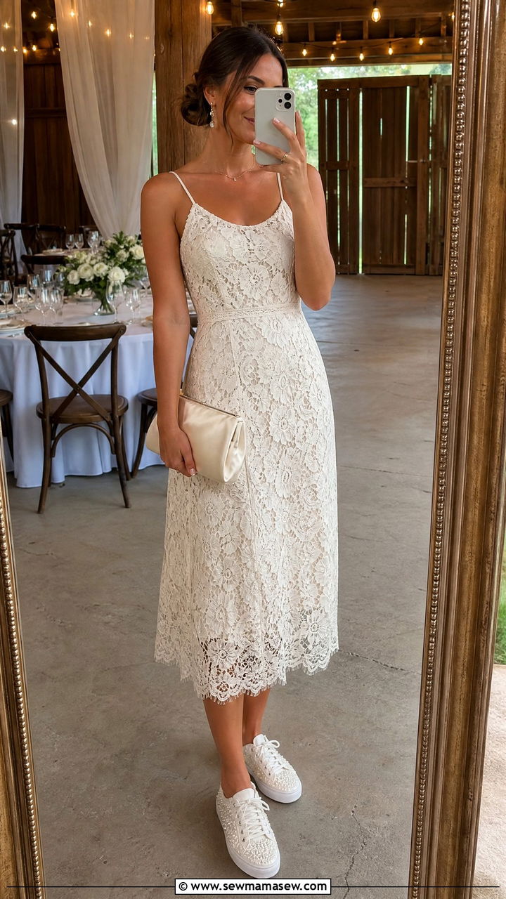 White Sneakers With a Lace Midi Dress and Pearl Accessories - 25 How to style white sneakers for a wedding
