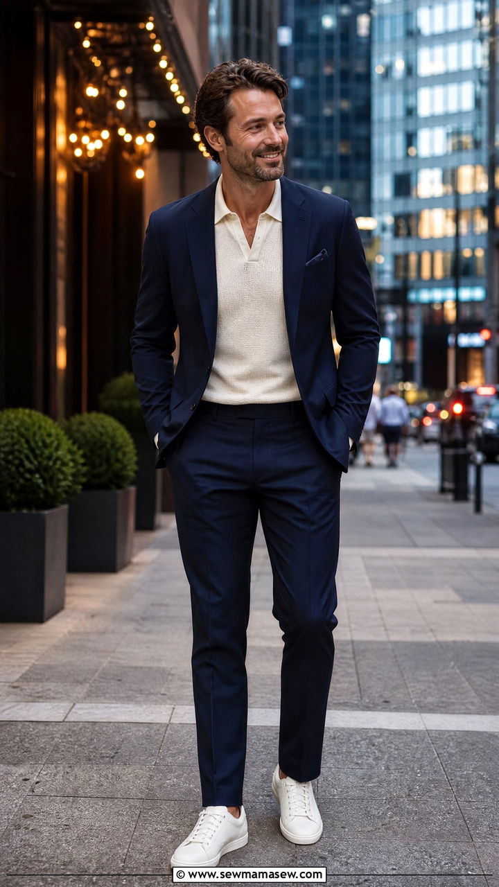 White Sneakers With a Navy Suit and Knit Polo for Men - 25 How to style white sneakers for a wedding