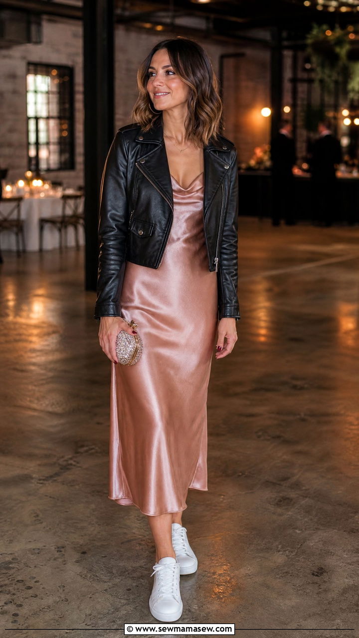 White Sneakers With a Satin Midi Dress and Leather Jacket - 25 How to style white sneakers for a wedding