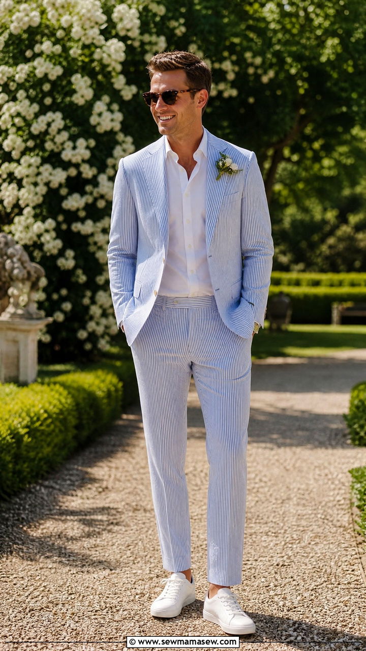 White Sneakers With a Seersucker Suit for a Groom or Guest - 25 How to style white sneakers for a wedding