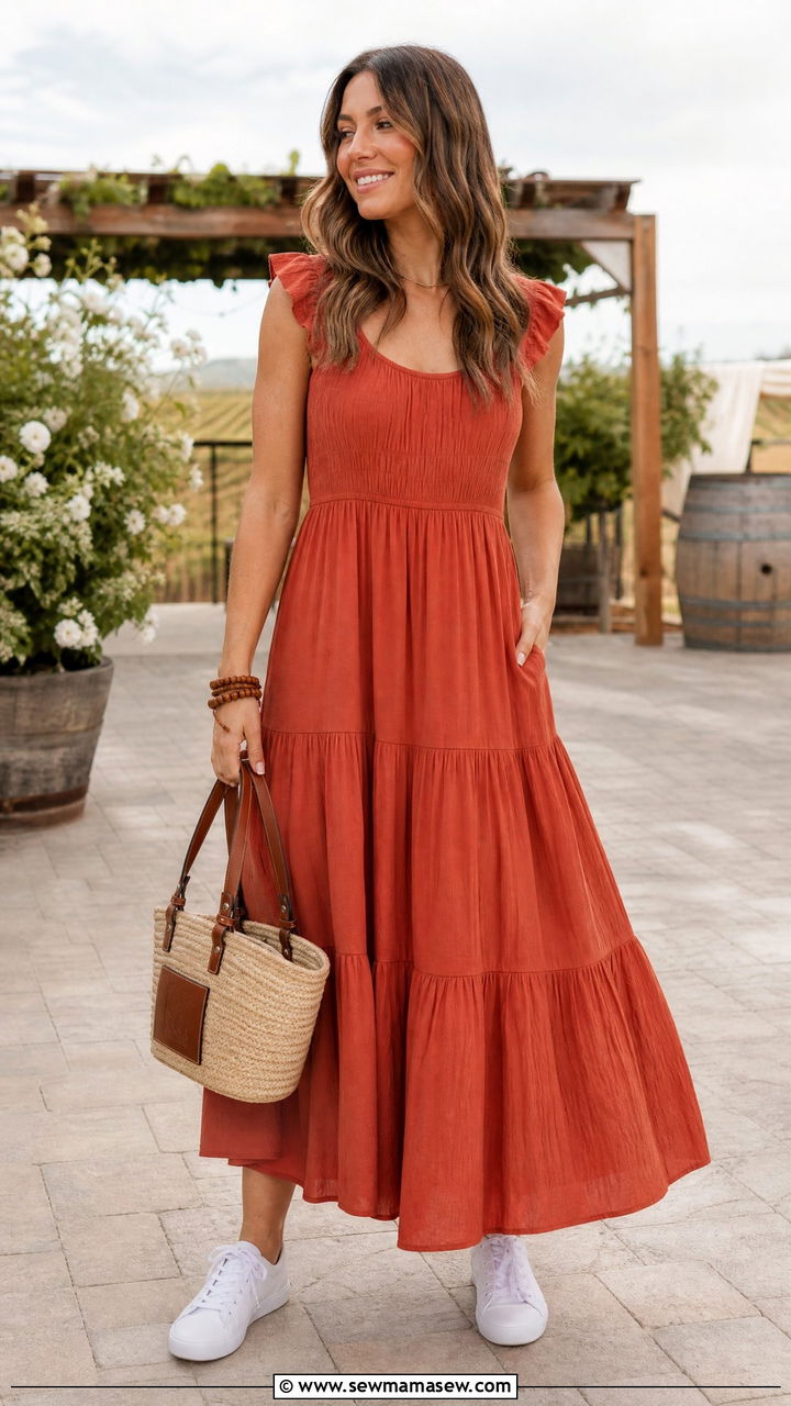 White Sneakers With a Tiered Cotton Maxi Dress and Straw Bag - 25 How to style white sneakers for a wedding