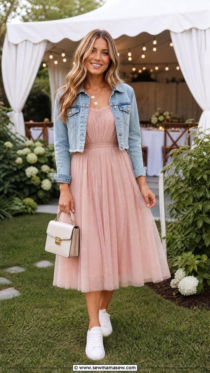 White Sneakers With a Tulle Midi Dress and Denim Jacket - 25 How to style white sneakers for a wedding