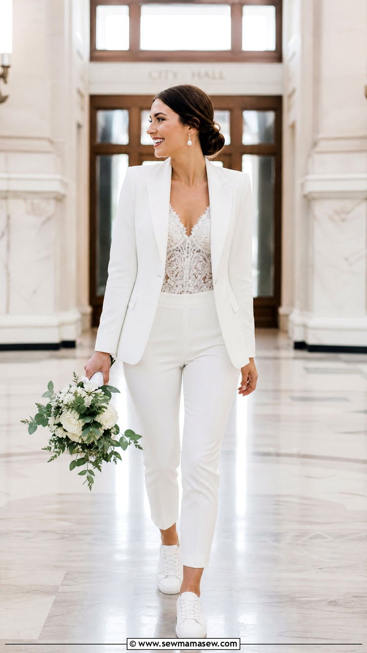 White Sneakers With a White Pantsuit for a Modern Bride - 25 How to style white sneakers for a wedding