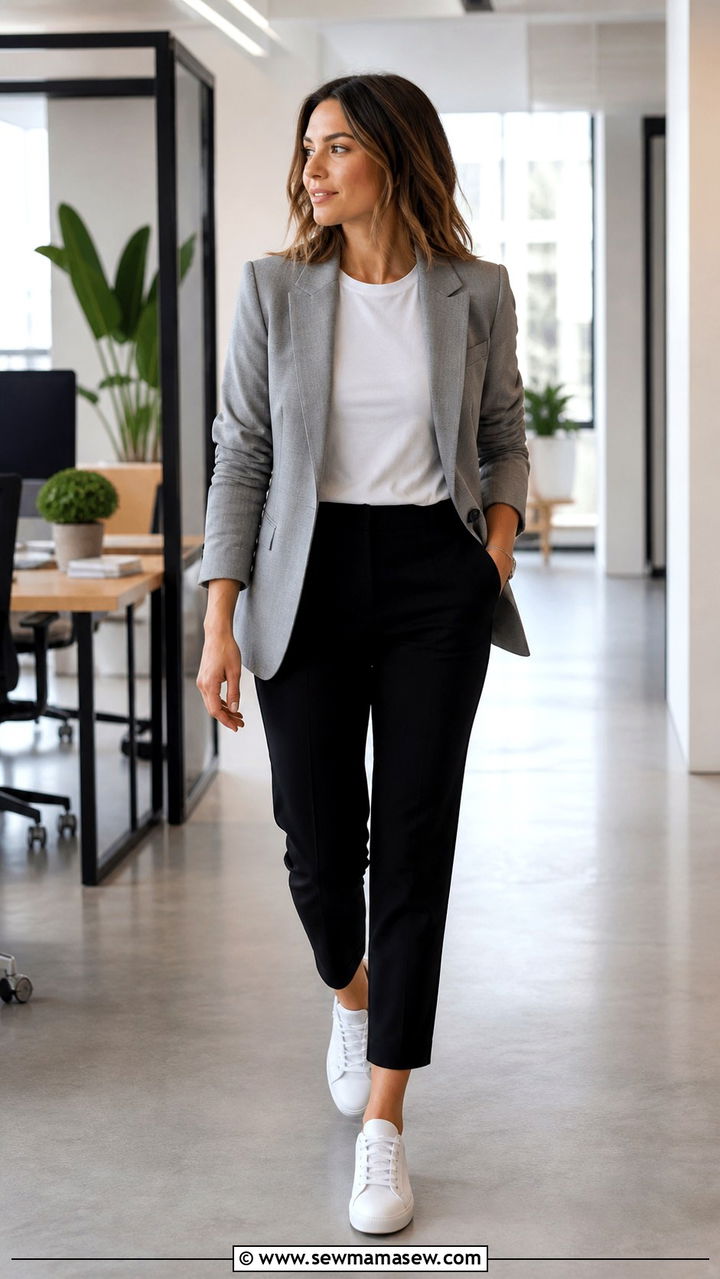 White Sneakers with Blazer and Tailored Trousers Office Outfit - 40 Classy work outfit ideas