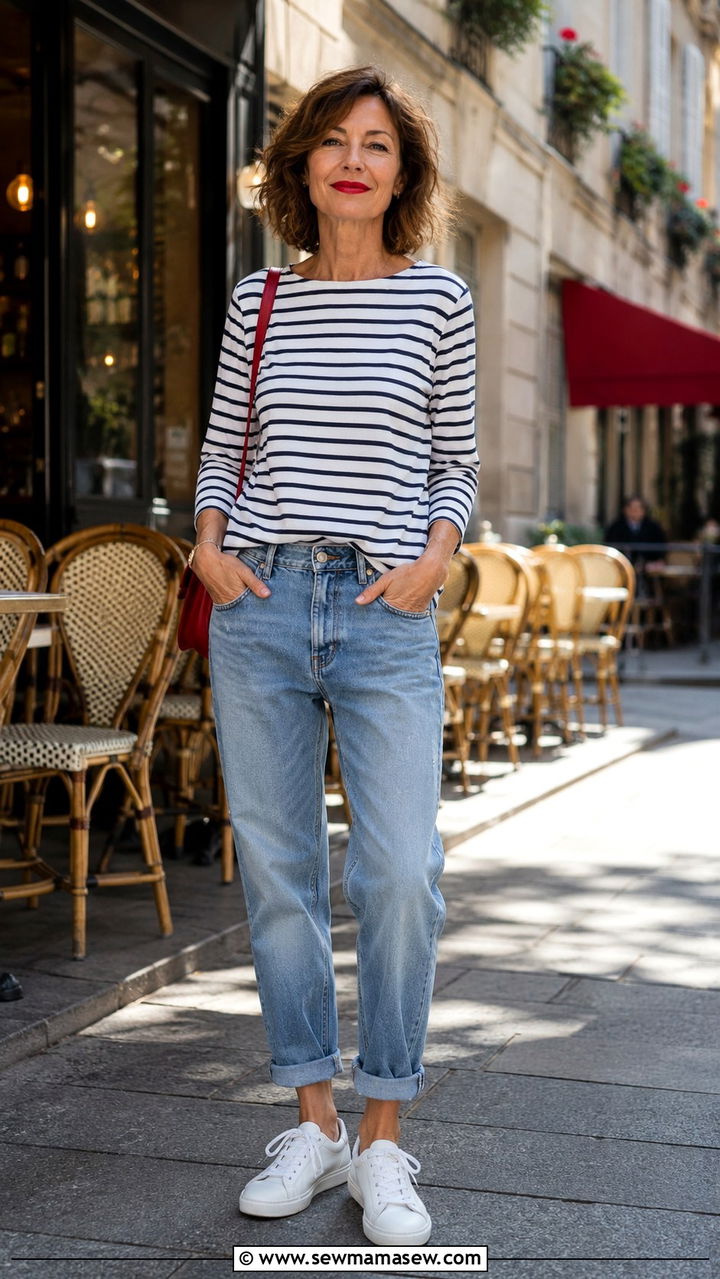 White Sneakers with Boyfriend Jeans and Striped Tee - 20 How to style white sneakers over 40