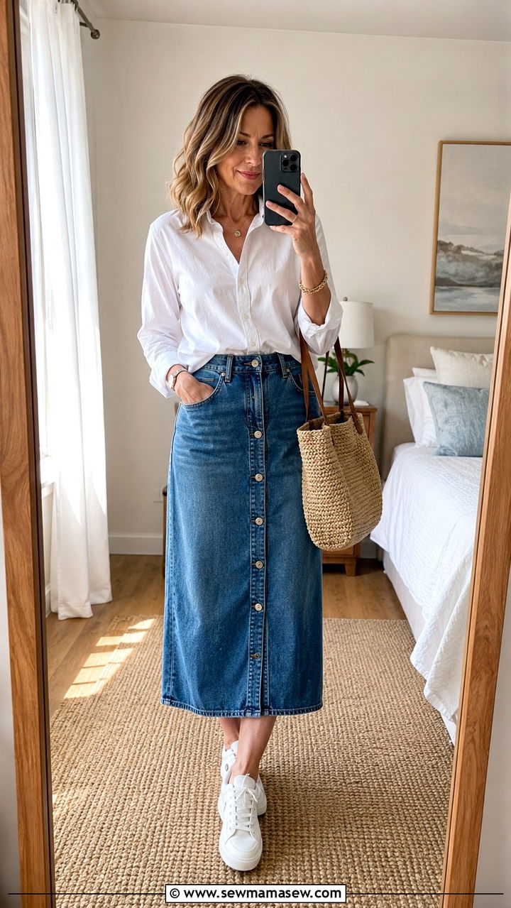 White Sneakers with Denim Skirt Over 40 - 20 How to style white sneakers over 40