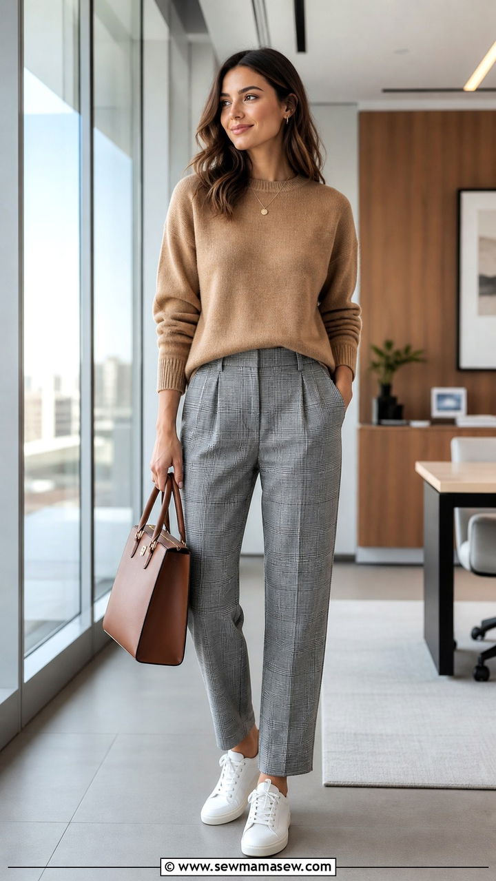 White Sneakers with Plaid Trousers and Sweater - 40 casual sneaker outfits