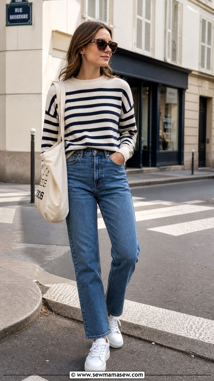 White Sneakers with Striped Sweater and Blue Jeans - 40 casual sneaker outfits